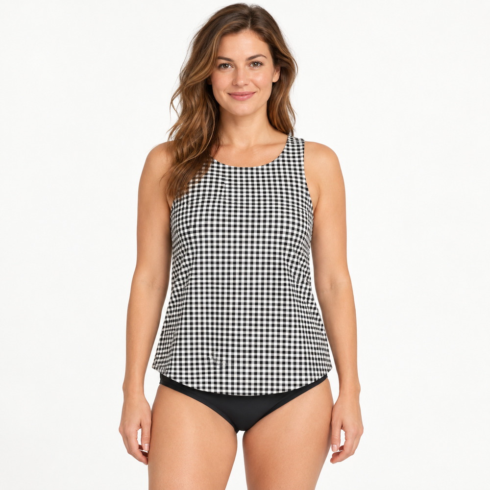 Lands’ End Size 8/M Black White Gingham High Neck/Waist Tankini Swim Set